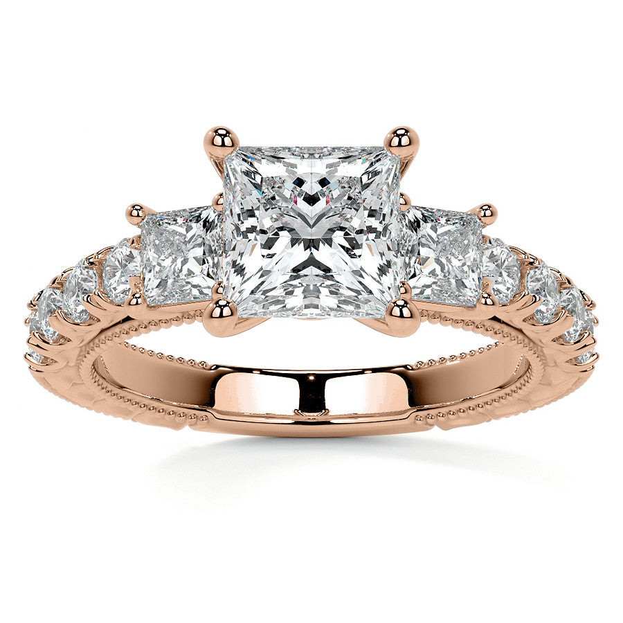 Princess cut Moissanite Scroll Accented Engagement Ring with Surprise