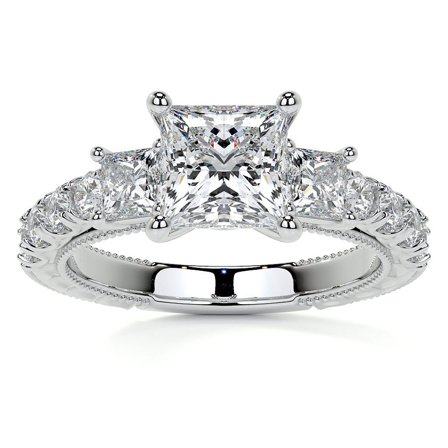 Princess cut Moissanite Scroll Accented Engagement Ring with Surprise