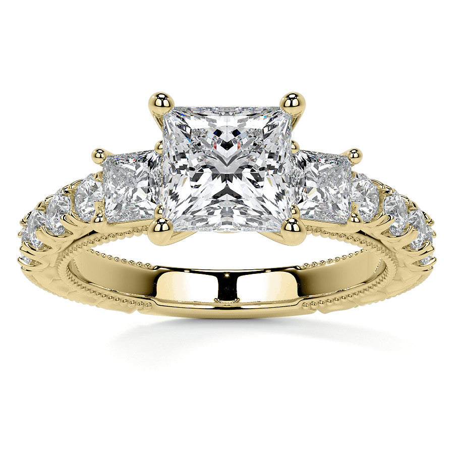 Princess cut Moissanite Scroll Accented Engagement Ring with Surprise