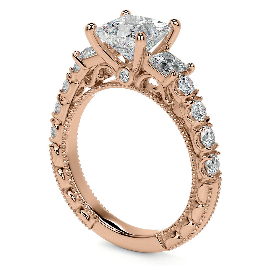 Princess cut Moissanite Scroll Accented Engagement Ring with Surprise