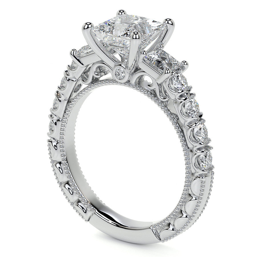 Princess cut Moissanite Scroll Accented Engagement Ring with Surprise