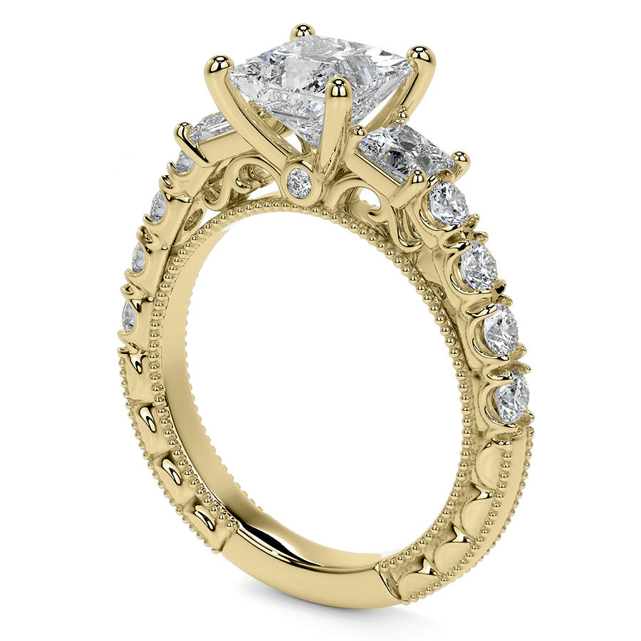 Princess cut Moissanite Scroll Accented Engagement Ring with Surprise
