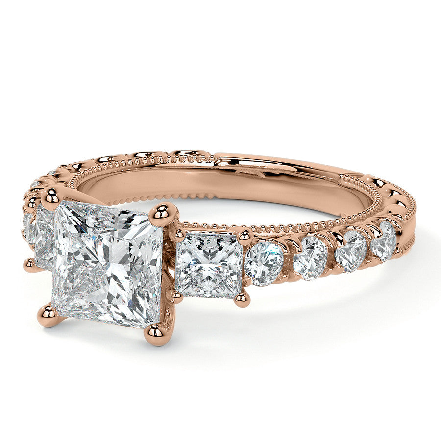 Princess cut Moissanite Scroll Accented Engagement Ring with Surprise