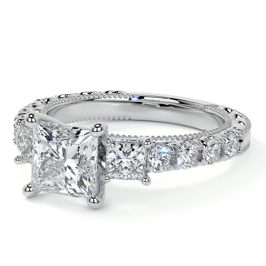 Princess cut Moissanite Scroll Accented Engagement Ring with Surprise