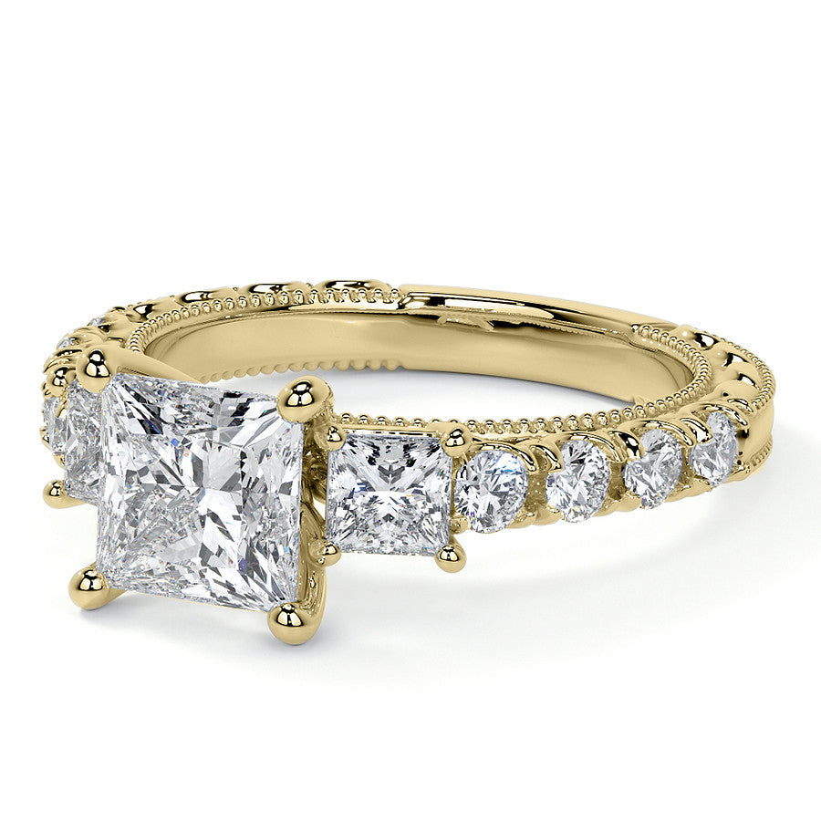 Princess cut Moissanite Scroll Accented Engagement Ring with Surprise