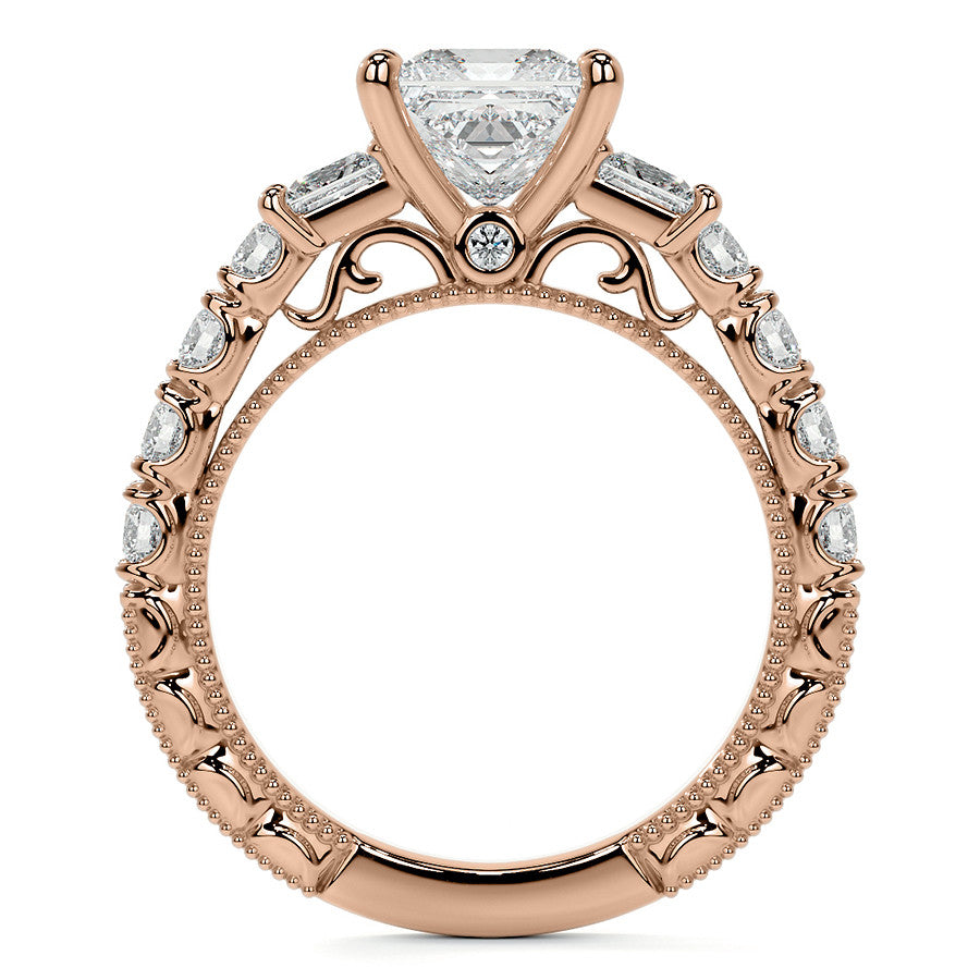 Princess cut Moissanite Scroll Accented Engagement Ring with Surprise