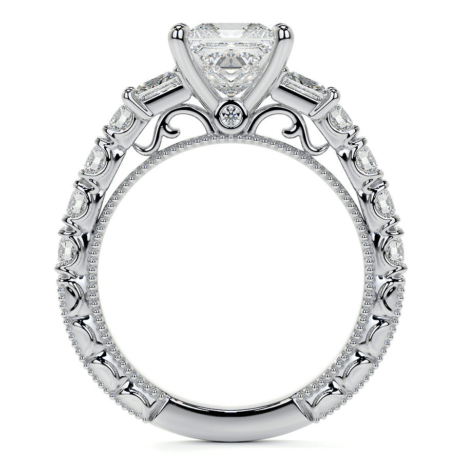 Princess cut Moissanite Scroll Accented Engagement Ring with Surprise
