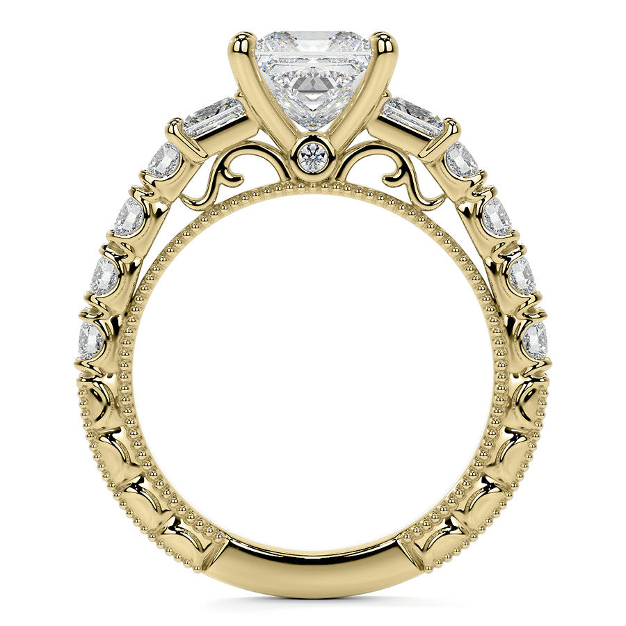 Princess cut Moissanite Scroll Accented Engagement Ring with Surprise