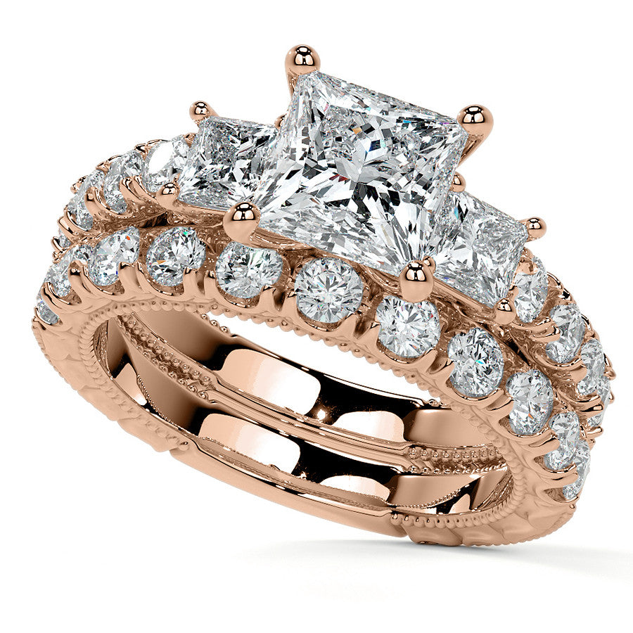 Princess cut Moissanite Scroll Accented Engagement Ring with Surprise
