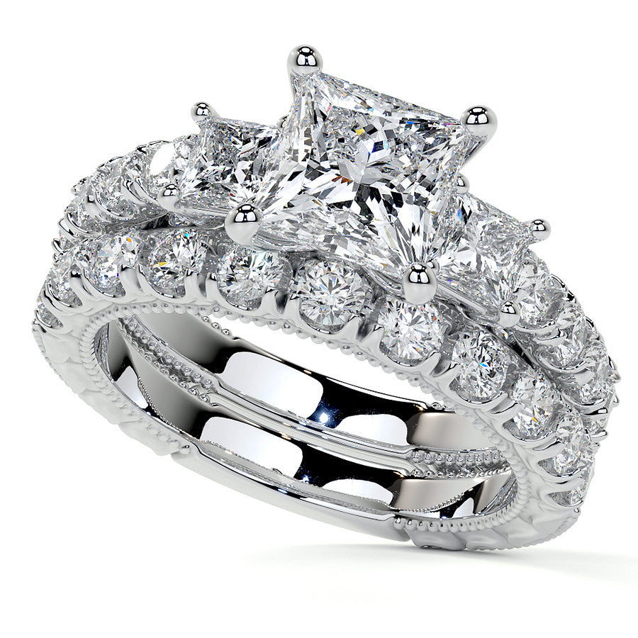 Princess cut Moissanite Scroll Accented Engagement Ring with Surprise