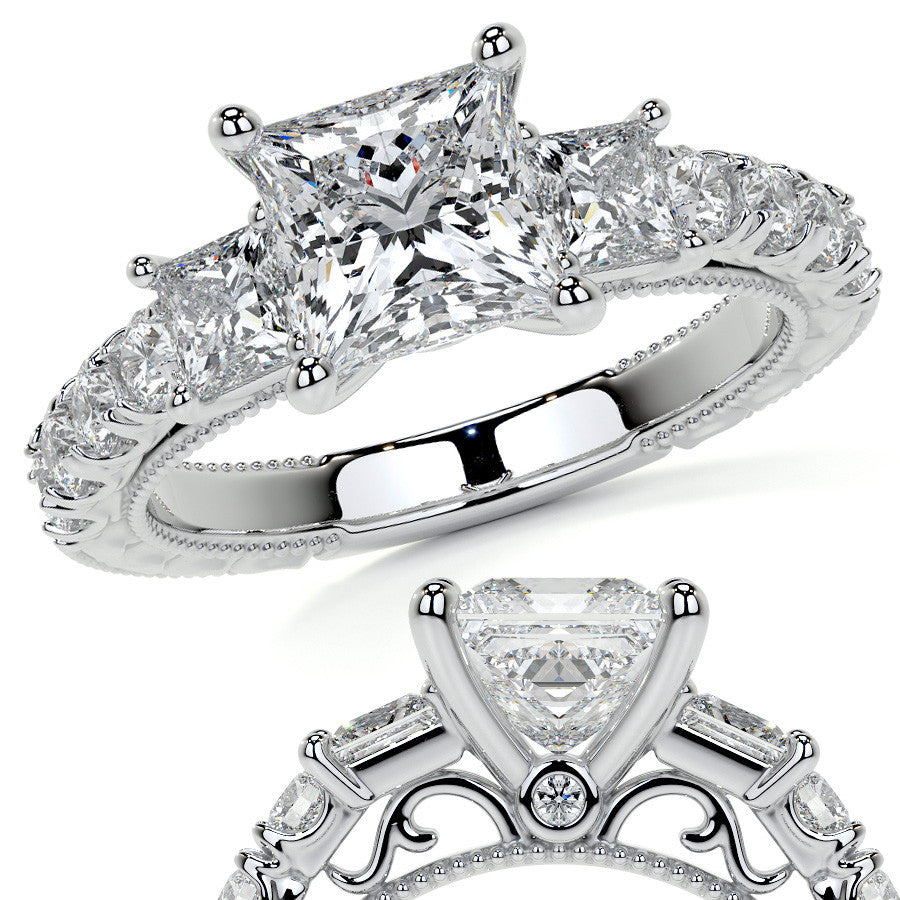 Princess cut Moissanite Scroll Accented Engagement Ring with Surprise