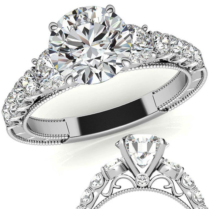 Round Brilliant Moissanite Scroll Accented Engagement Ring with Surprise Diamond