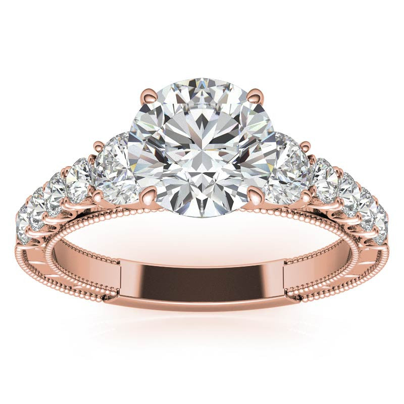 Round Brilliant Moissanite Scroll Accented Engagement Ring with Surprise Diamond