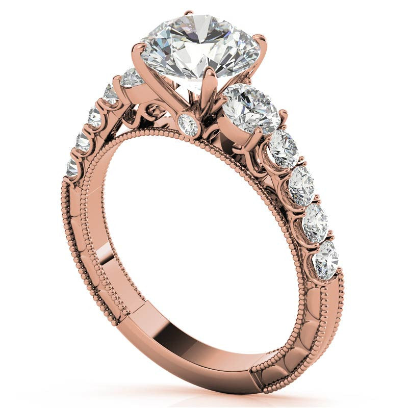 Round Brilliant Moissanite Scroll Accented Engagement Ring with Surprise Diamond
