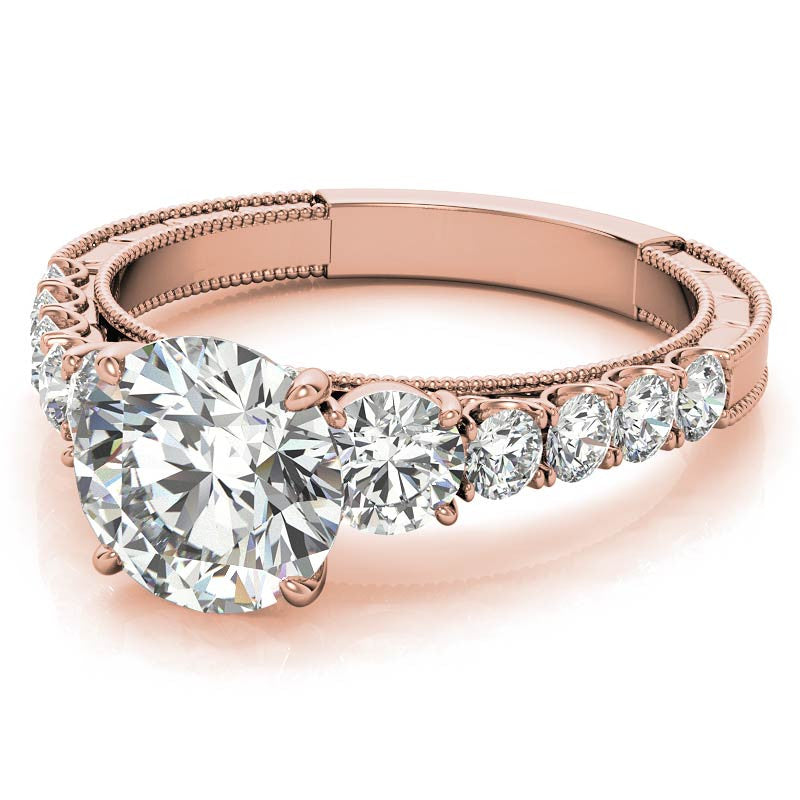 Round Brilliant Moissanite Scroll Accented Engagement Ring with Surprise Diamond