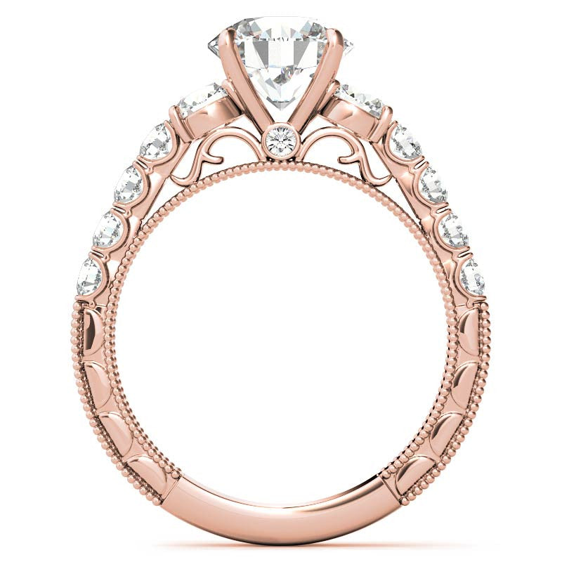 Round Brilliant Moissanite Scroll Accented Engagement Ring with Surprise Diamond
