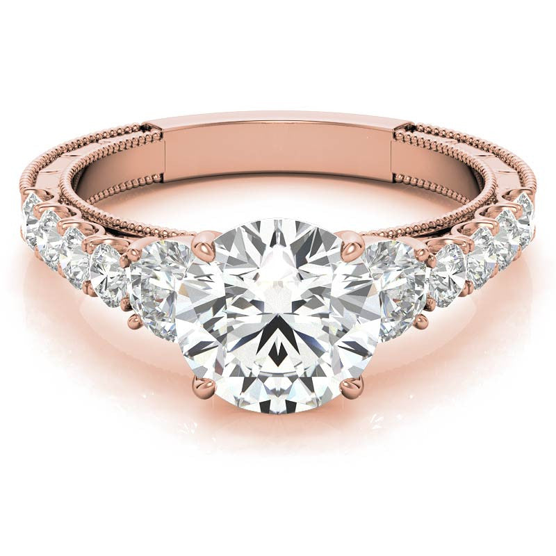 Round Brilliant Moissanite Scroll Accented Engagement Ring with Surprise Diamond