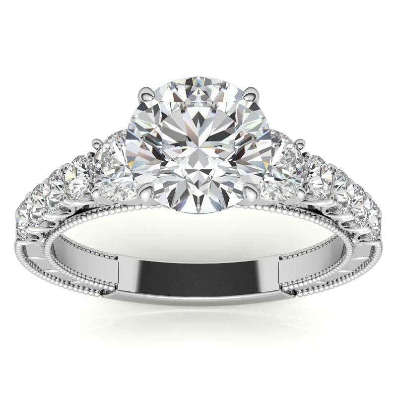 Round Brilliant Moissanite Scroll Accented Engagement Ring with Surprise Diamond