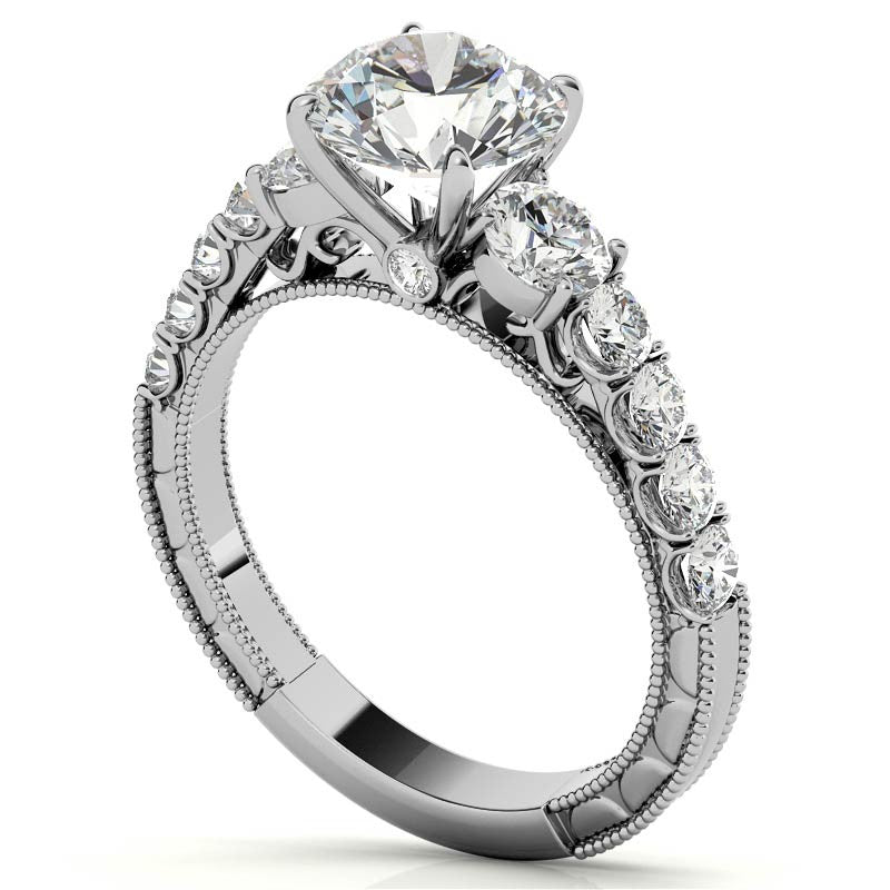 Round Brilliant Moissanite Scroll Accented Engagement Ring with Surprise Diamond
