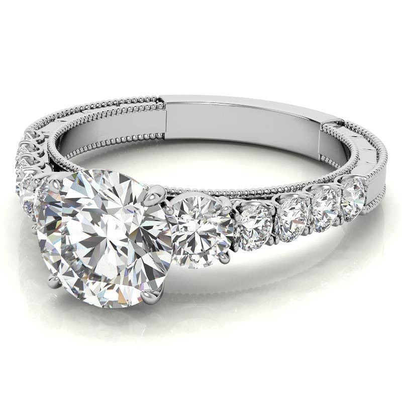 Round Brilliant Moissanite Scroll Accented Engagement Ring with Surprise Diamond