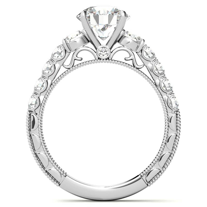 Round Brilliant Moissanite Scroll Accented Engagement Ring with Surprise Diamond