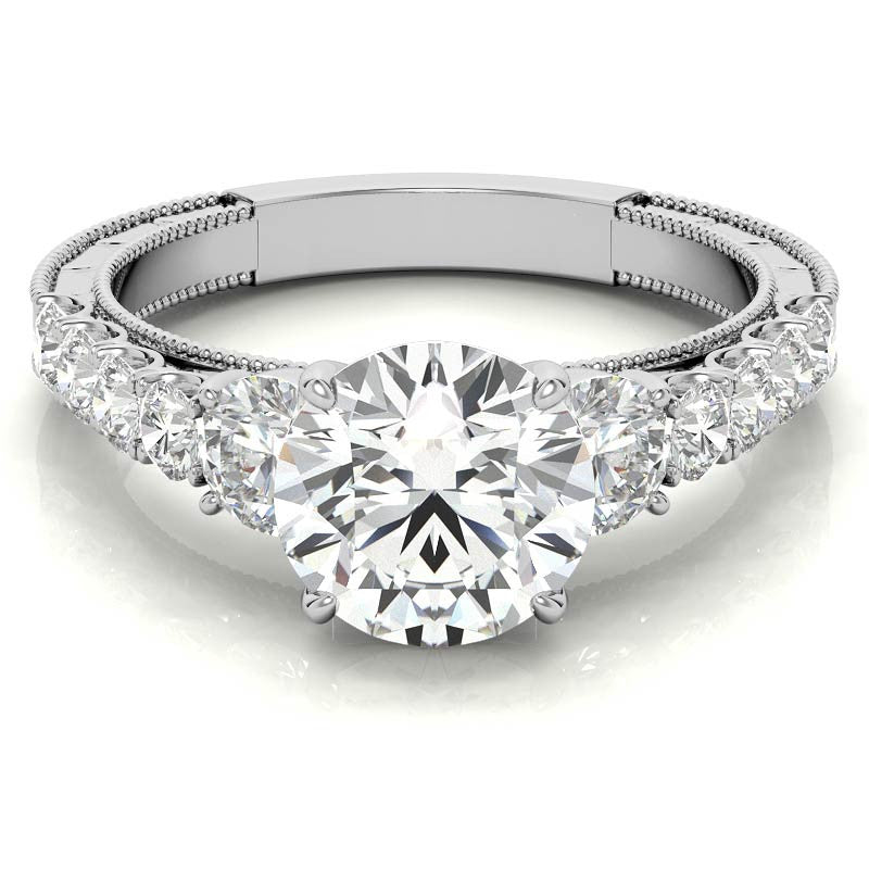 Round Brilliant Moissanite Scroll Accented Engagement Ring with Surprise Diamond