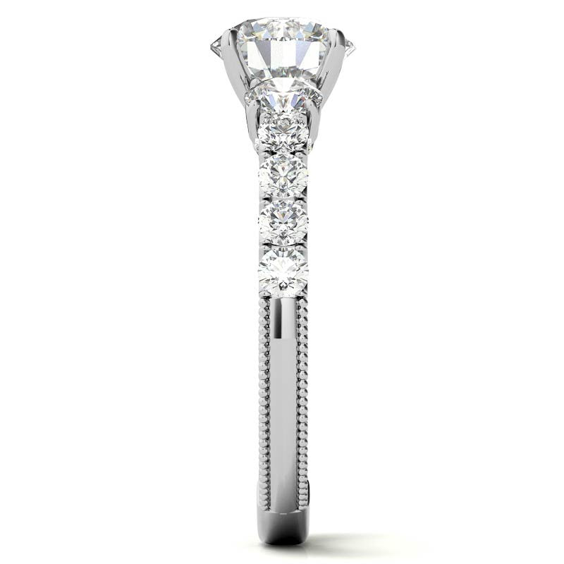 Round Brilliant Moissanite Scroll Accented Engagement Ring with Surprise Diamond