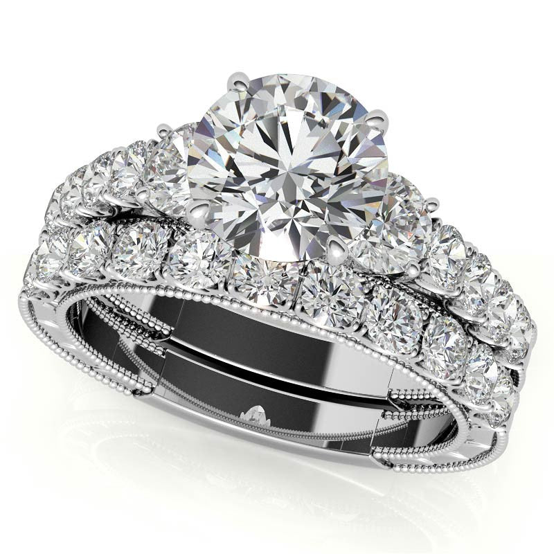 Round Brilliant Moissanite Scroll Accented Engagement Ring with Surprise Diamond