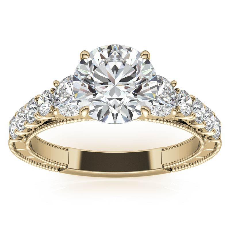 Round Brilliant Moissanite Scroll Accented Engagement Ring with Surprise Diamond