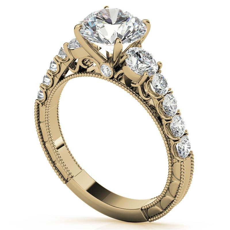 Round Brilliant Moissanite Scroll Accented Engagement Ring with Surprise Diamond