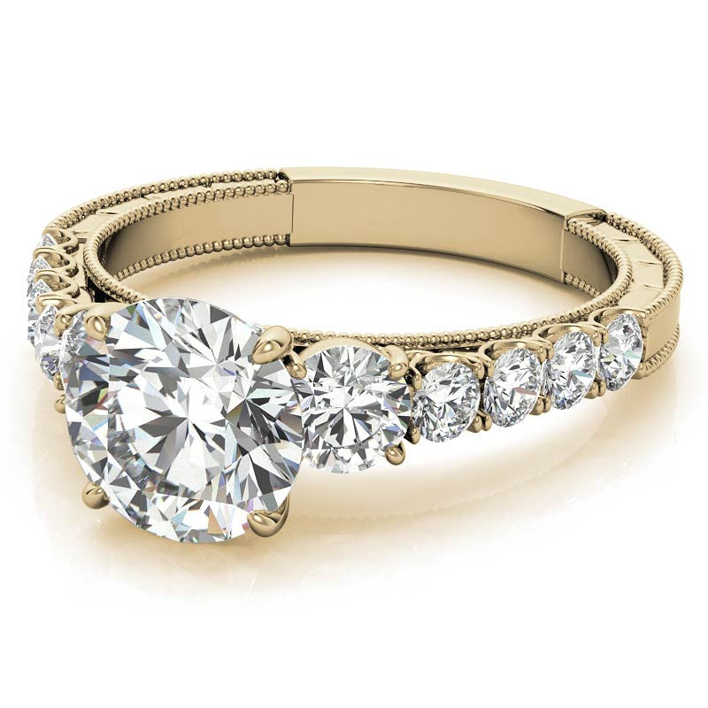 Round Brilliant Moissanite Scroll Accented Engagement Ring with Surprise Diamond