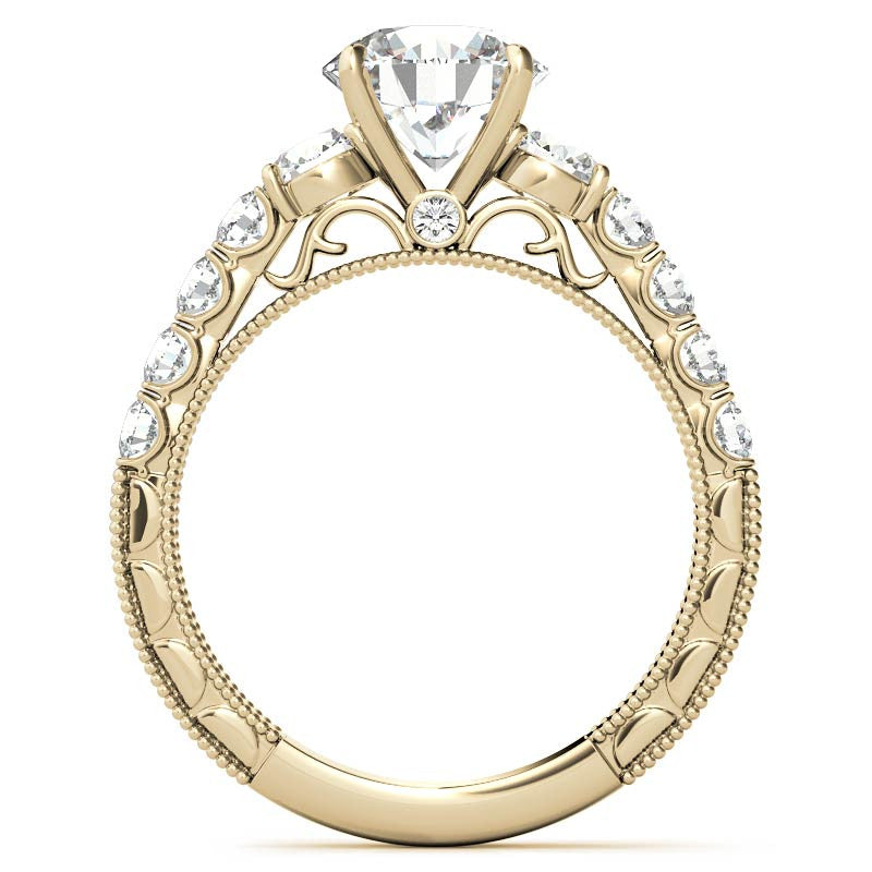 Round Brilliant Moissanite Scroll Accented Engagement Ring with Surprise Diamond