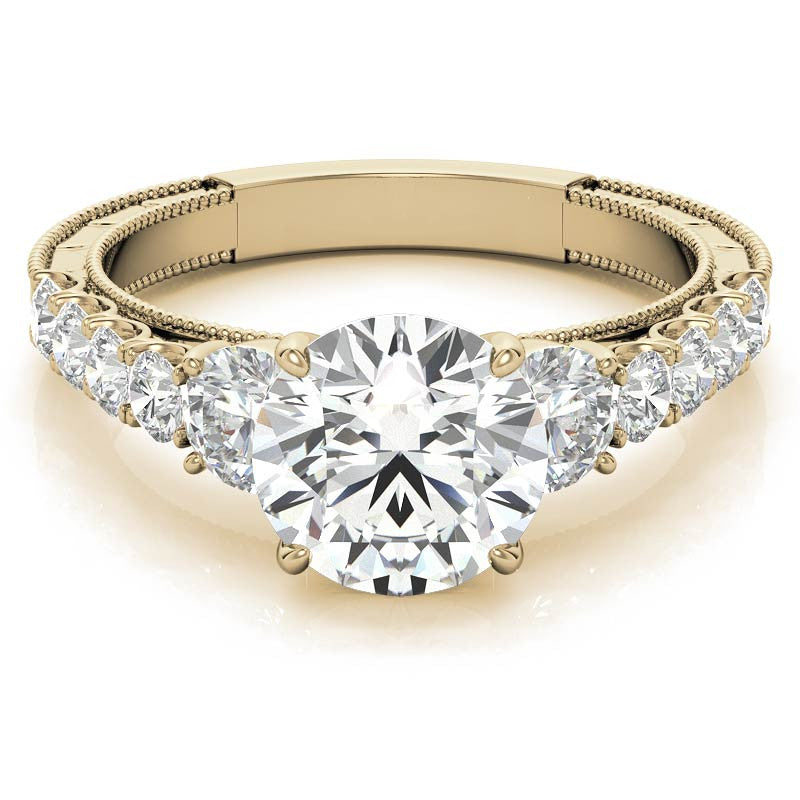 Round Brilliant Moissanite Scroll Accented Engagement Ring with Surprise Diamond