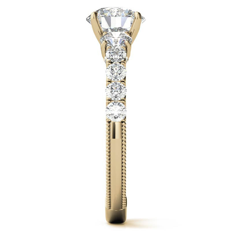 Round Brilliant Moissanite Scroll Accented Engagement Ring with Surprise Diamond