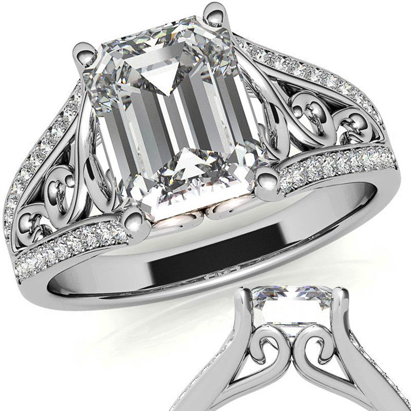 Emerald / Radiant Moissanite Split Shank Engagement Ring with Scroll Detail