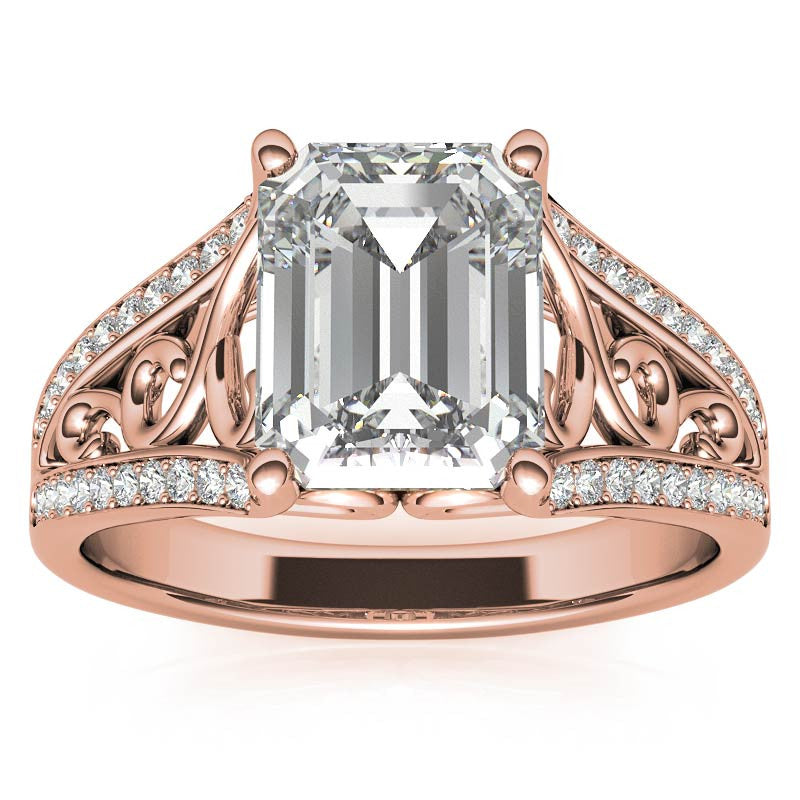 Emerald / Radiant Moissanite Split Shank Engagement Ring with Scroll Detail