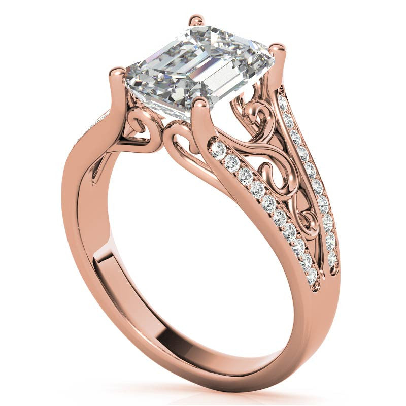 Emerald / Radiant Moissanite Split Shank Engagement Ring with Scroll Detail