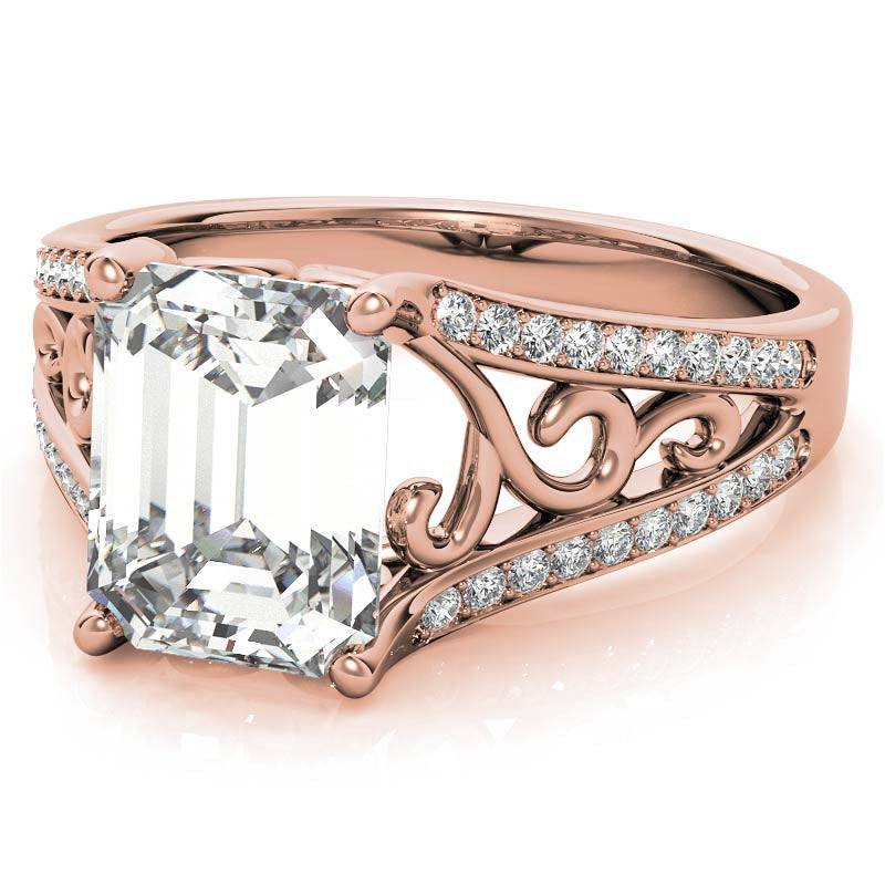 Emerald / Radiant Moissanite Split Shank Engagement Ring with Scroll Detail