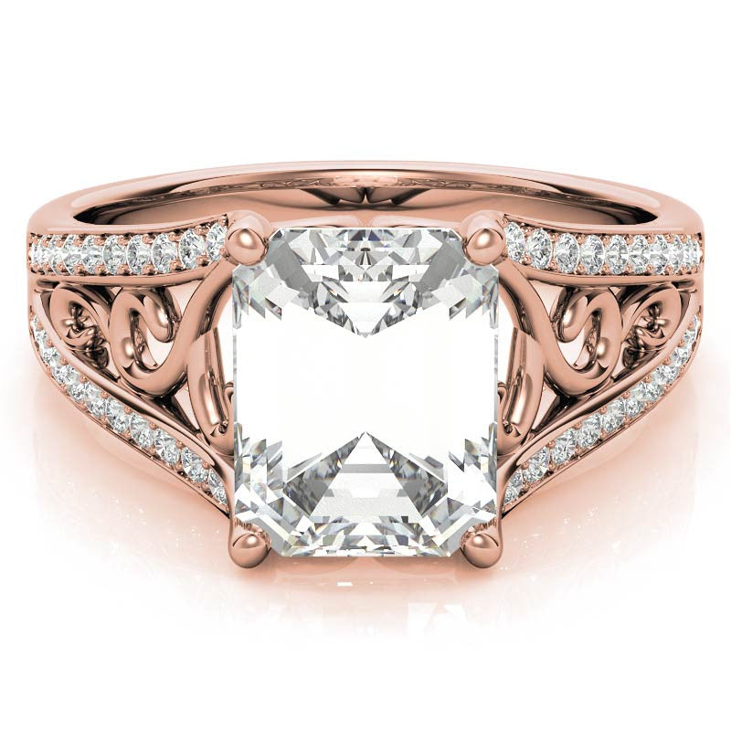 Emerald / Radiant Moissanite Split Shank Engagement Ring with Scroll Detail