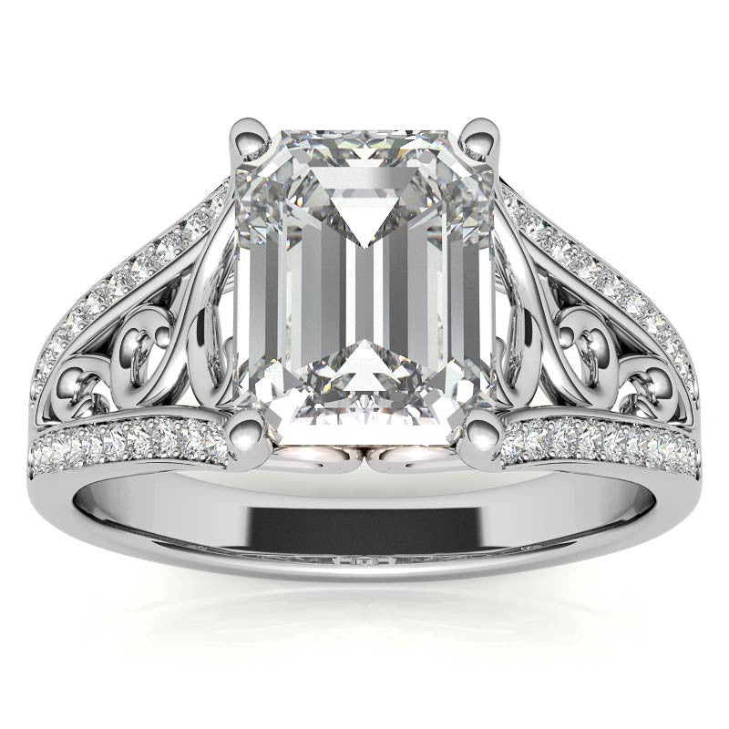 Emerald / Radiant Moissanite Split Shank Engagement Ring with Scroll Detail