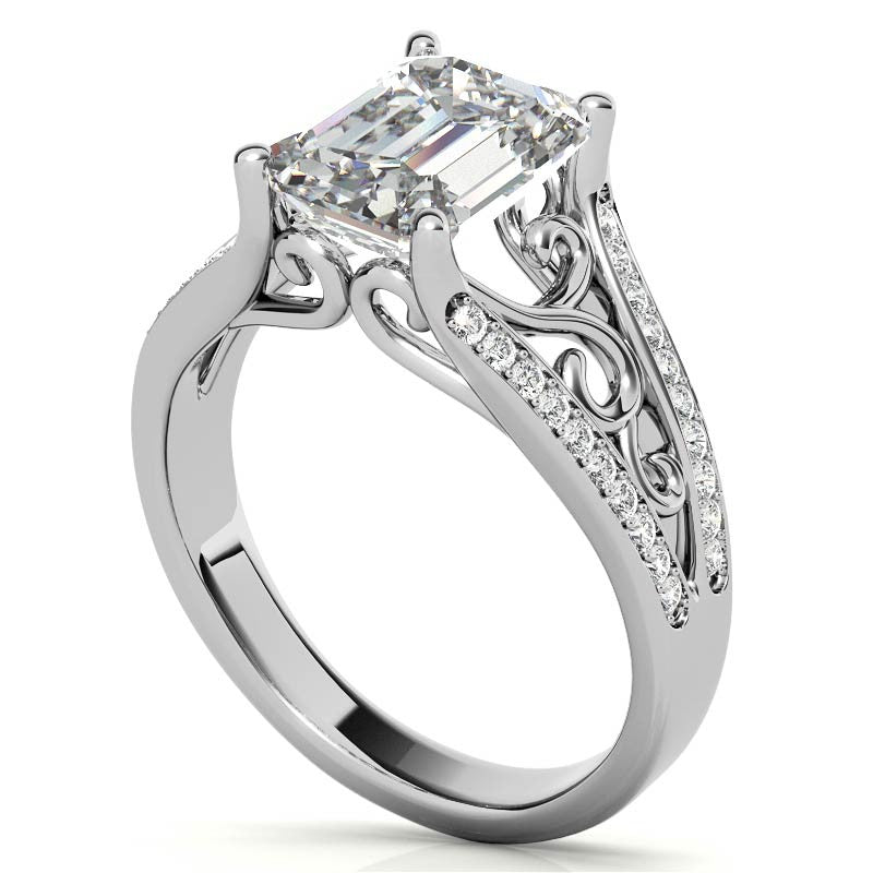 Emerald / Radiant Moissanite Split Shank Engagement Ring with Scroll Detail