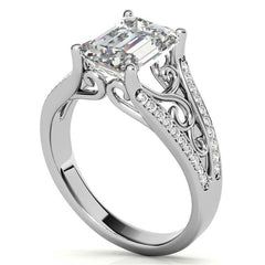 Emerald / Radiant Moissanite Split Shank Engagement Ring with Scroll Detail