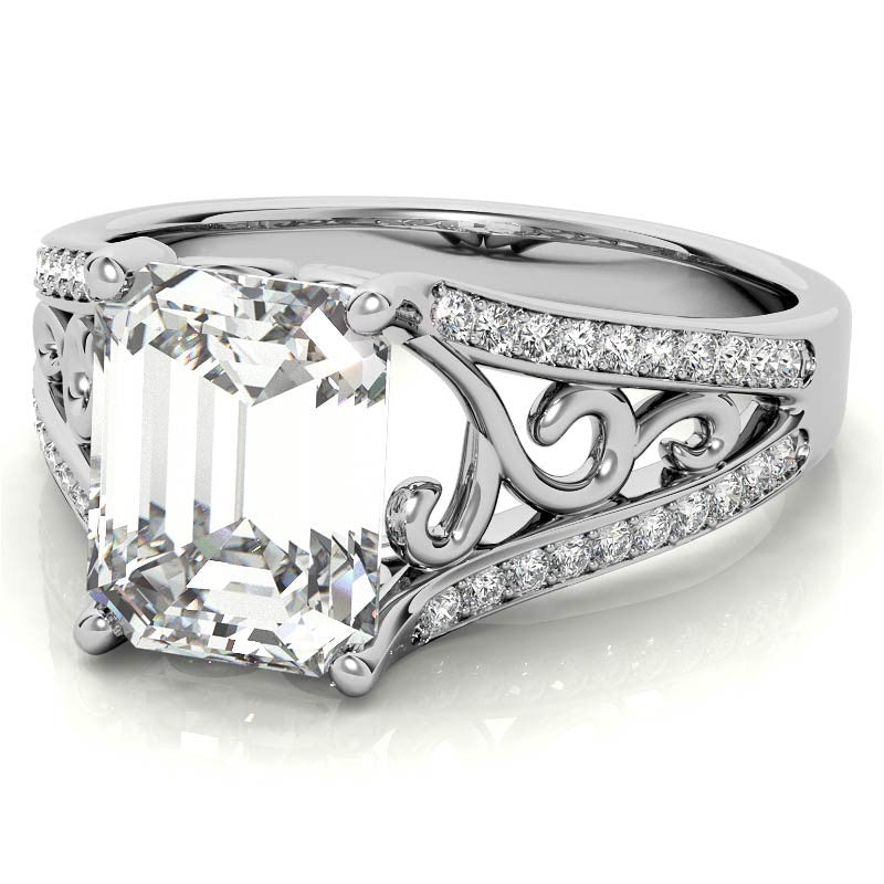 Emerald / Radiant Moissanite Split Shank Engagement Ring with Scroll Detail