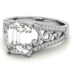 Emerald / Radiant Moissanite Split Shank Engagement Ring with Scroll Detail