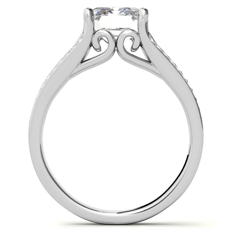 Emerald / Radiant Moissanite Split Shank Engagement Ring with Scroll Detail