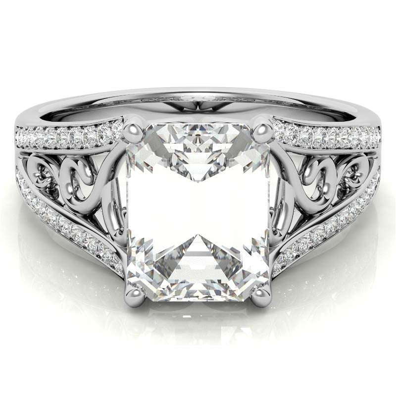 Emerald / Radiant Moissanite Split Shank Engagement Ring with Scroll Detail