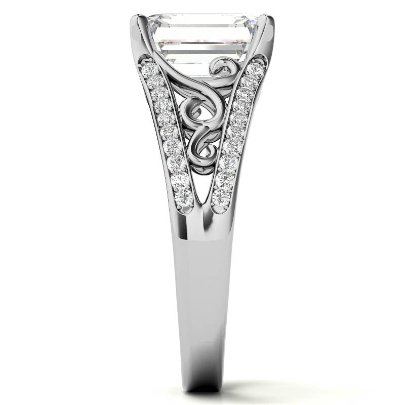 Emerald / Radiant Moissanite Split Shank Engagement Ring with Scroll Detail