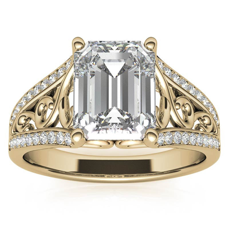Emerald / Radiant Moissanite Split Shank Engagement Ring with Scroll Detail