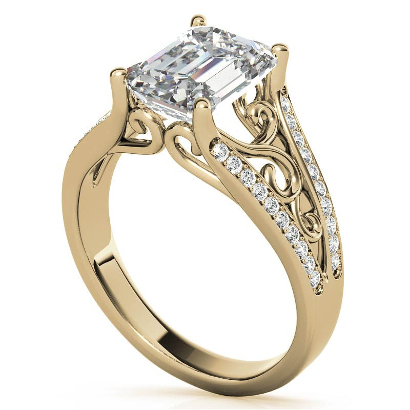 Emerald / Radiant Moissanite Split Shank Engagement Ring with Scroll Detail