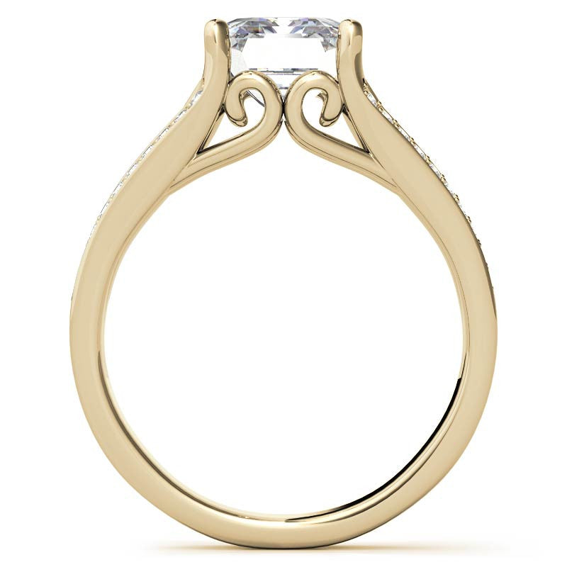 Emerald / Radiant Moissanite Split Shank Engagement Ring with Scroll Detail